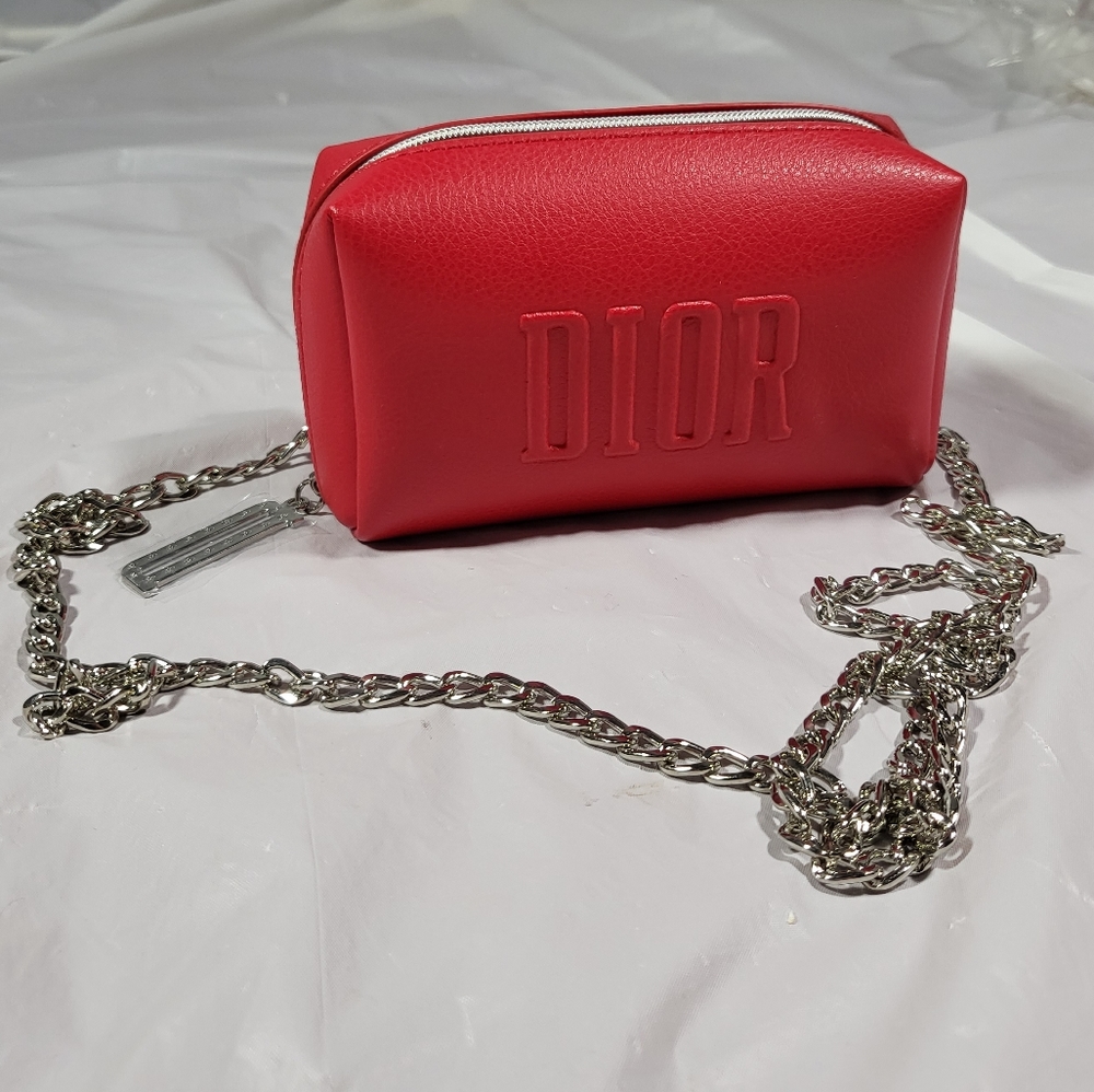 Authentic red Dior makeup pouch with a DIY crossbody chain